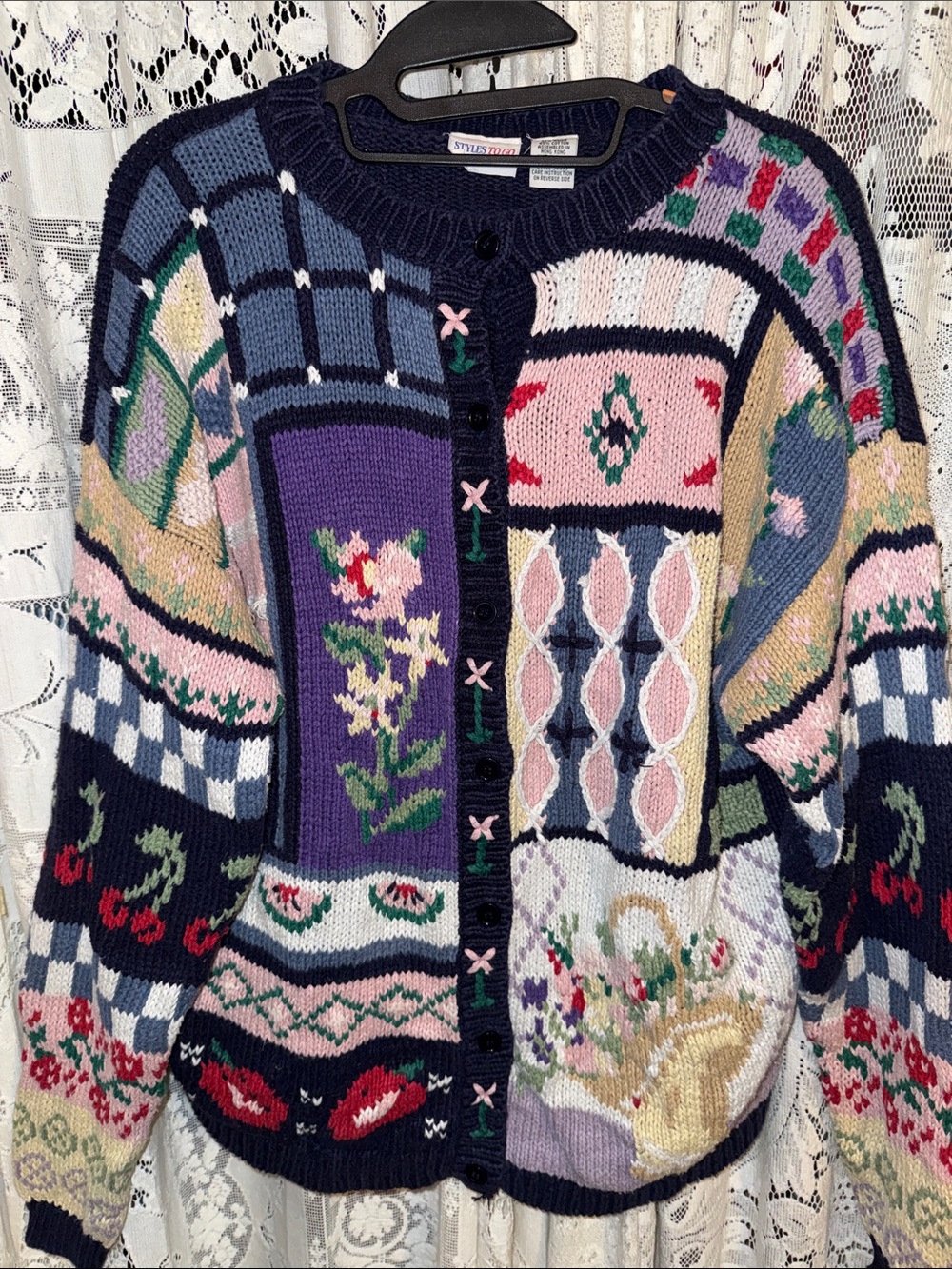 Vintage heavy Multicolor Patchwork Knit Cardigan Sweater - Navy Multicolor